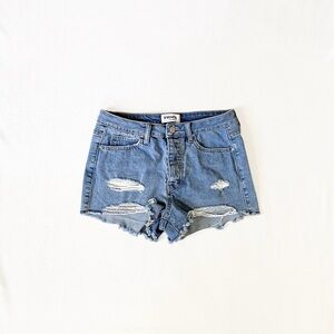 RSQ Vintage High Rise Medium Wash Distressed Raw Jean Shorts, Women’s 27”